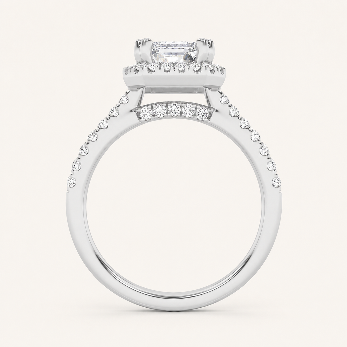 2.5CT Emerald Cut Lab Grown Diamond Halo Side Stone Ring