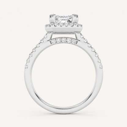 2.5CT Emerald Cut Lab Grown Diamond Halo Side Stone Ring