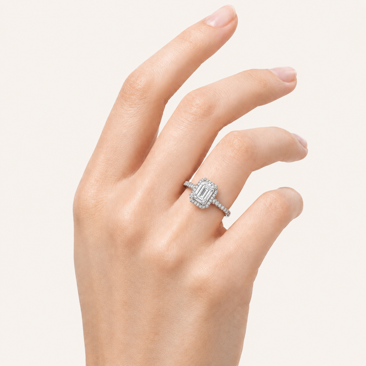 2.5CT Emerald Cut Lab Grown Diamond Halo Side Stone Ring
