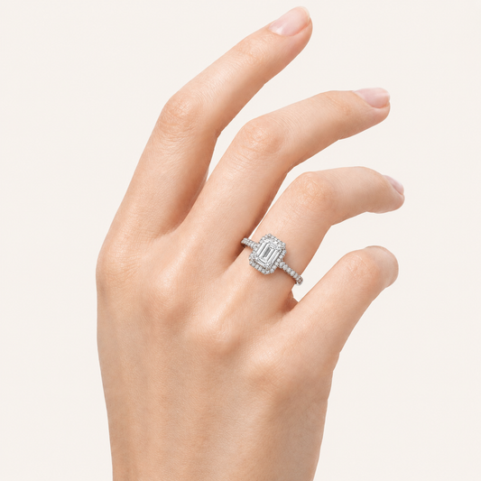 2.5CT Emerald Cut Lab Grown Diamond Halo Side Stone Ring