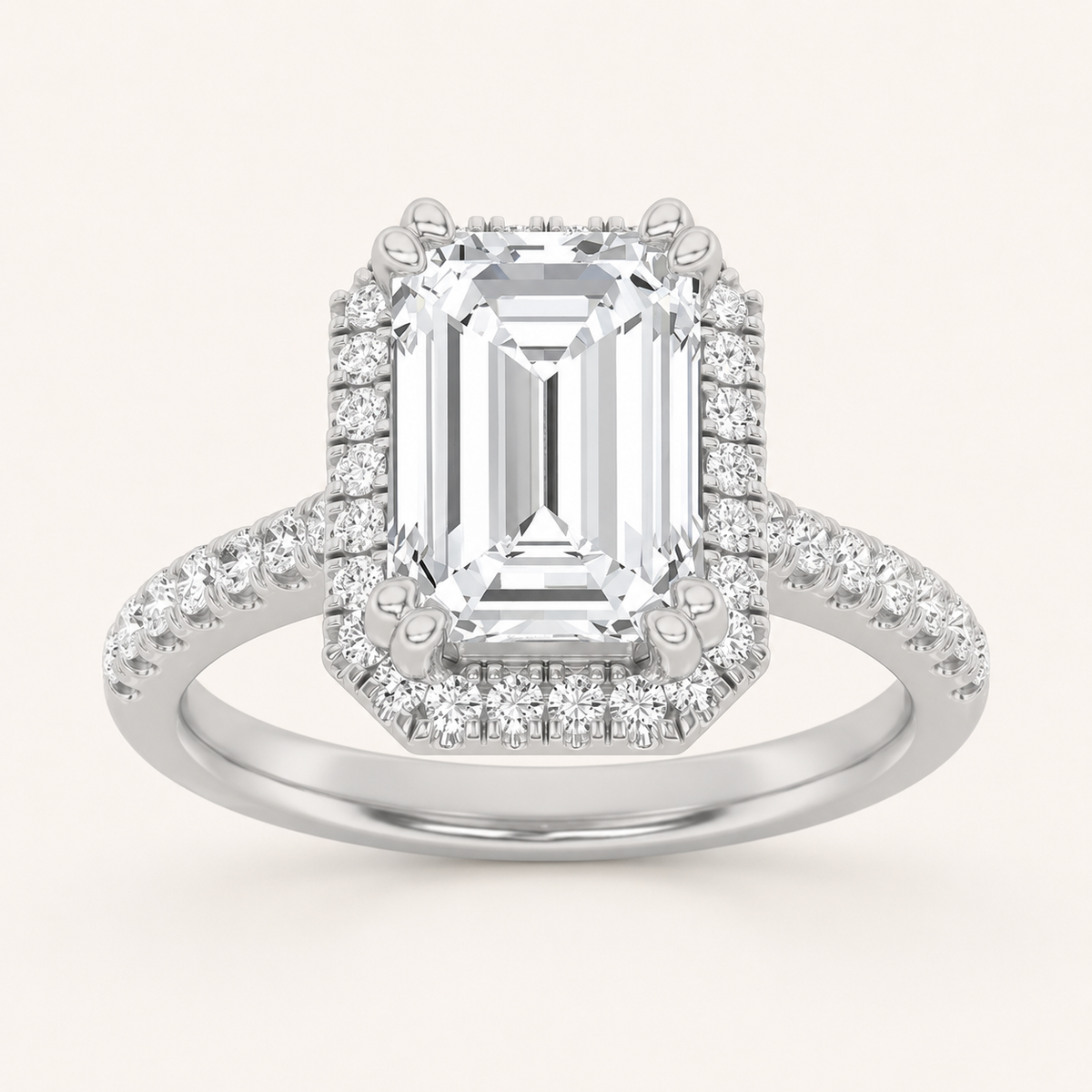 2.5CT Emerald Cut Lab Grown Diamond Halo Side Stone Ring