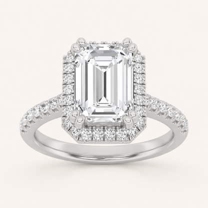 2.5CT Emerald Cut Lab Grown Diamond Halo Side Stone Ring