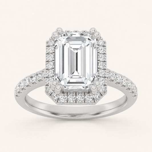 2.5CT Emerald Cut Lab Grown Diamond Halo Side Stone Ring