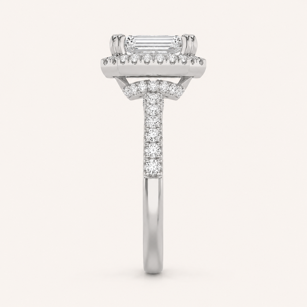2.5CT Emerald Cut Lab Grown Diamond Halo Side Stone Ring