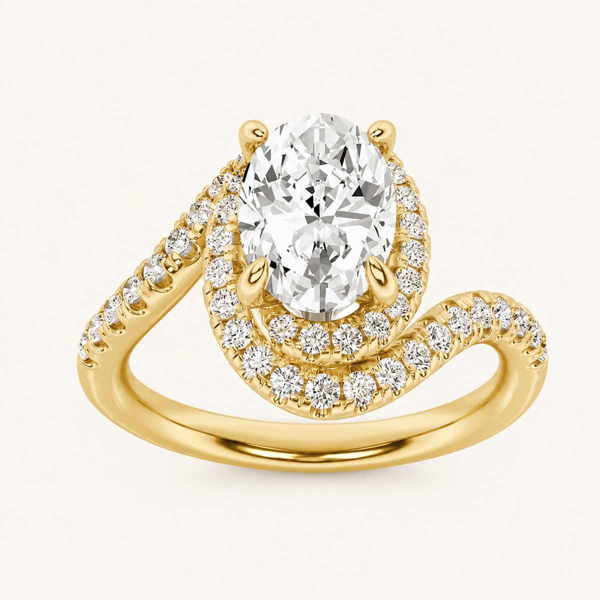 2CT Oval Cut Lab Grown Diamond Swirl Accented Halo Side Stone Ring