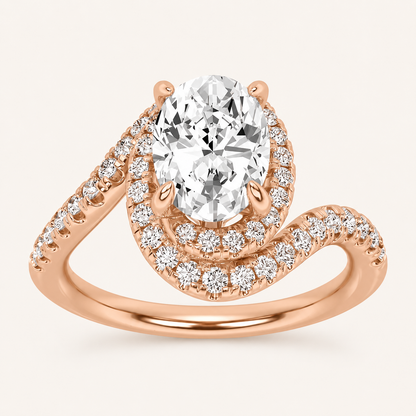 2CT Oval Cut Lab Grown Diamond Swirl Accented Halo Side Stone Ring