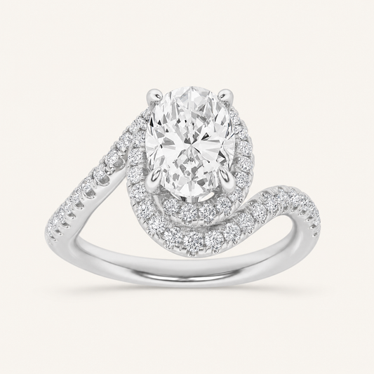 2CT Oval Cut Lab Grown Diamond Swirl Accented Halo Side Stone Ring