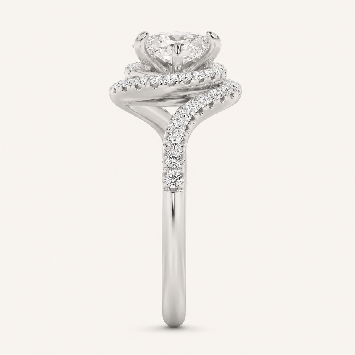 2CT Oval Cut Lab Grown Diamond Swirl Accented Halo Side Stone Ring
