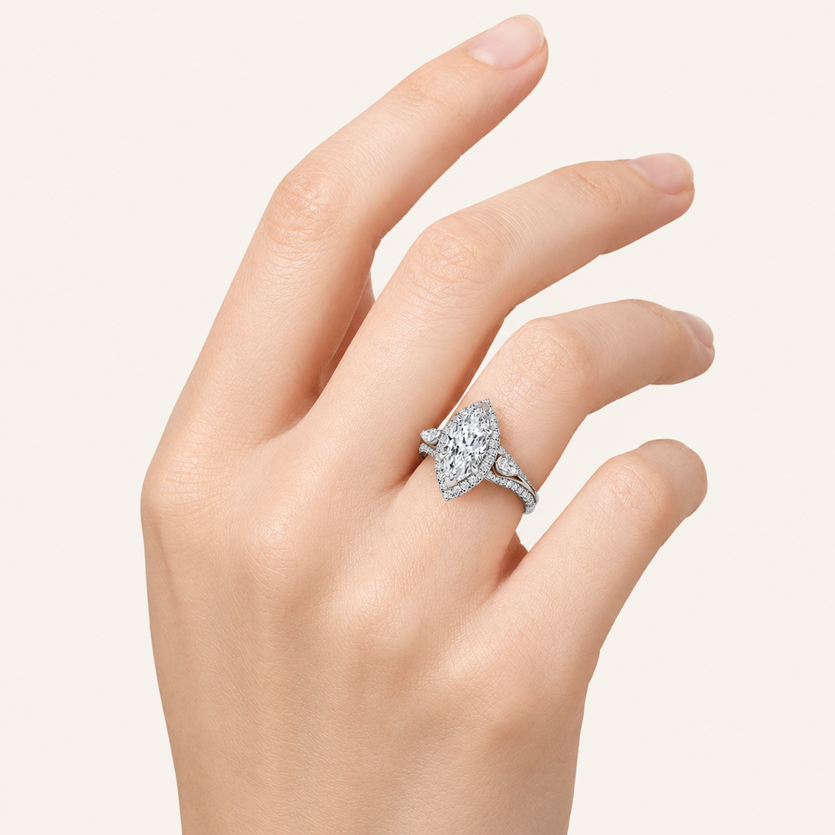 3.00 Ct Marquise Cut Lab Grown Diamond Three Stone Halo Ring