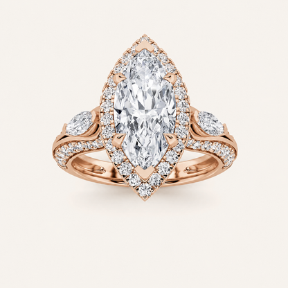 3.00 Ct Marquise Cut Lab Grown Diamond Three Stone Halo Ring