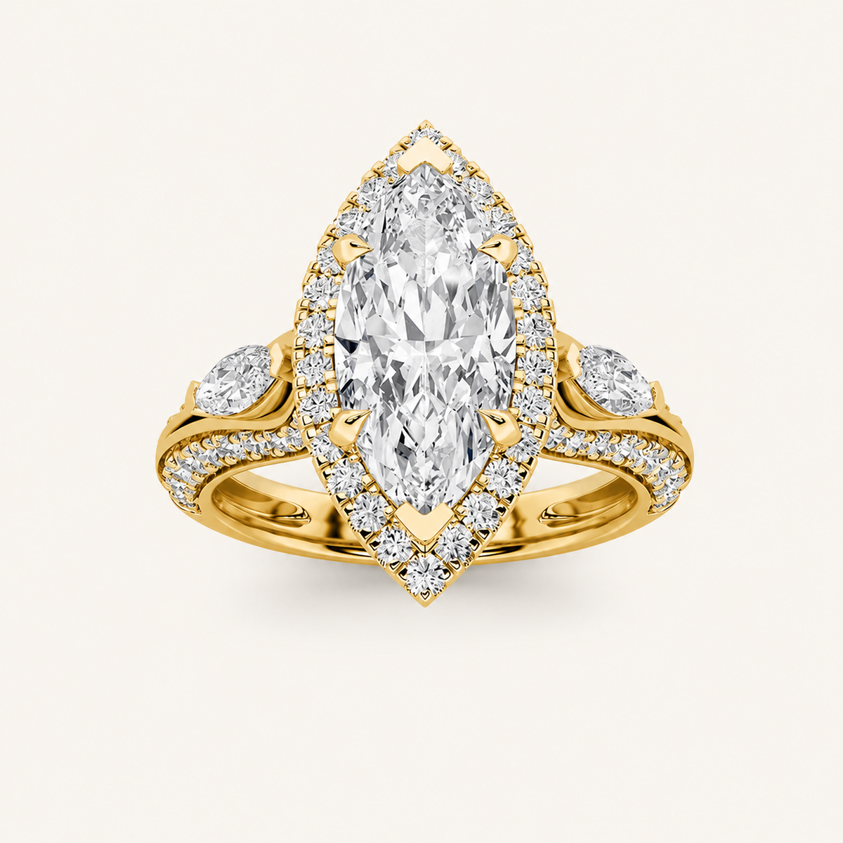 3.00 Ct Marquise Cut Lab Grown Diamond Three Stone Halo Ring