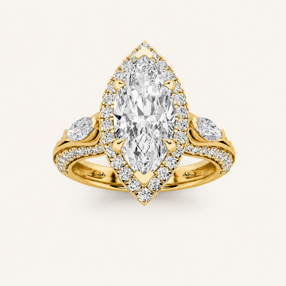 3.00 Ct Marquise Cut Lab Grown Diamond Three Stone Halo Ring