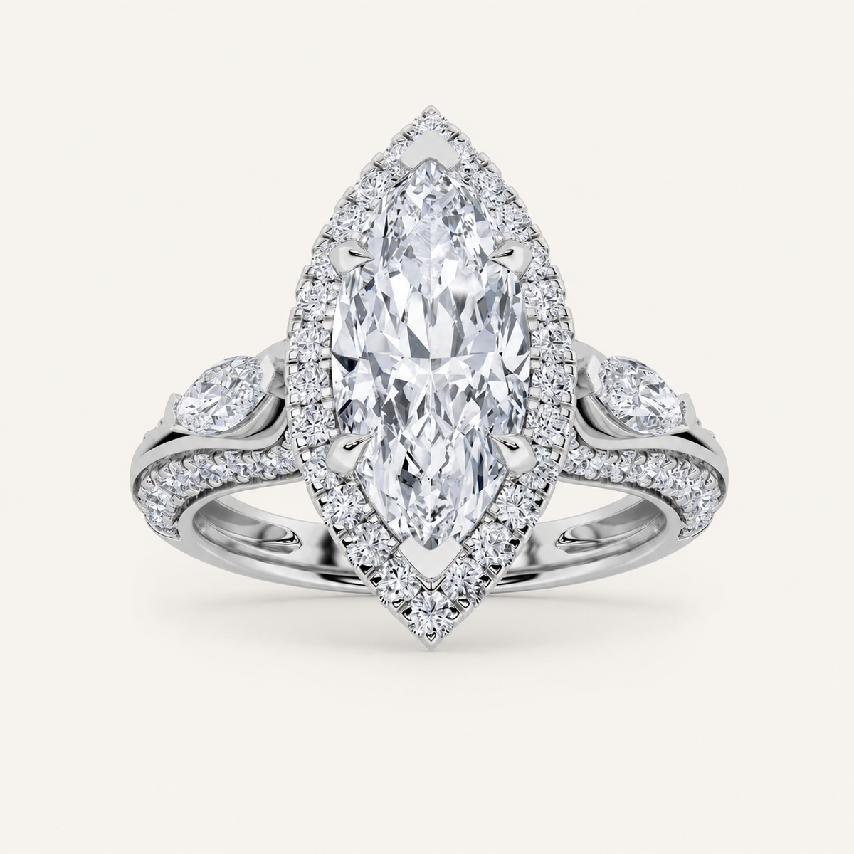 3.00 Ct Marquise Cut Lab Grown Diamond Three Stone Halo Ring