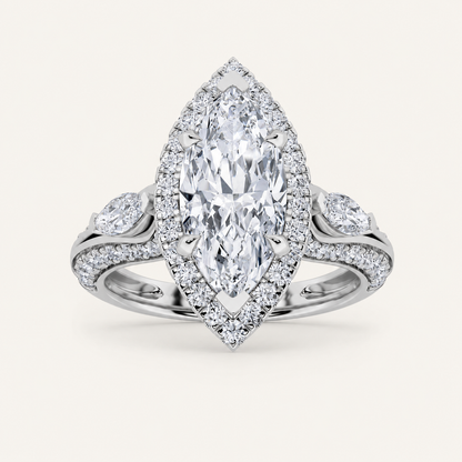 3.00 Ct Marquise Cut Lab Grown Diamond Three Stone Halo Ring