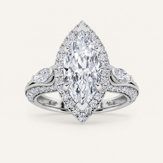 3.00 Ct Marquise Cut Lab Grown Diamond Three Stone Halo Ring