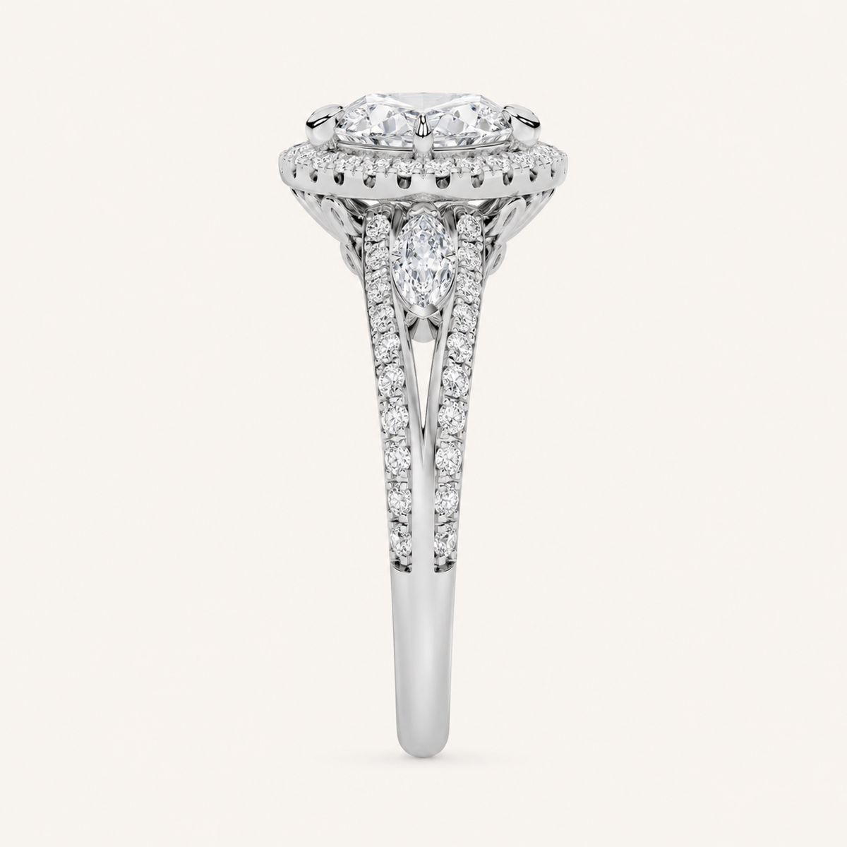 3.00 Ct Marquise Cut Lab Grown Diamond Three Stone Halo Ring