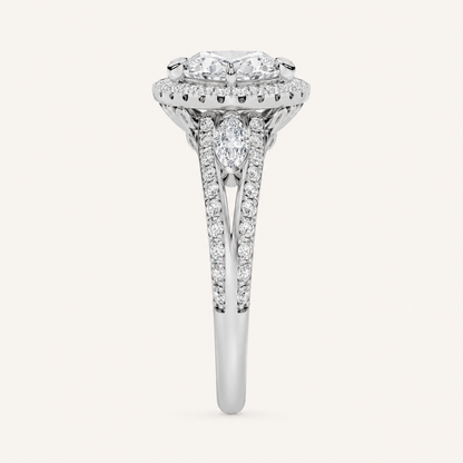 3.00 Ct Marquise Cut Lab Grown Diamond Three Stone Halo Ring