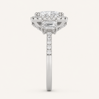 3CT Elongated Cushion Cut Lab Grown Diamond Accented Halo Three Stone Ring