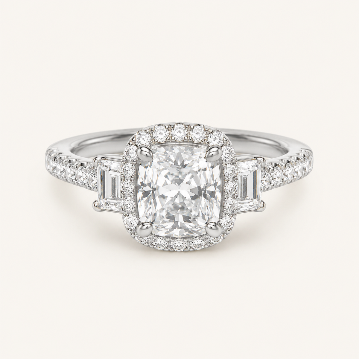 3CT Elongated Cushion Cut Lab Grown Diamond Accented Halo Three Stone Ring