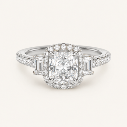 3CT Elongated Cushion Cut Lab Grown Diamond Accented Halo Three Stone Ring
