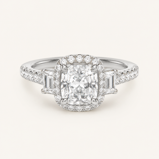 3CT Elongated Cushion Cut Lab Grown Diamond Accented Halo Three Stone Ring
