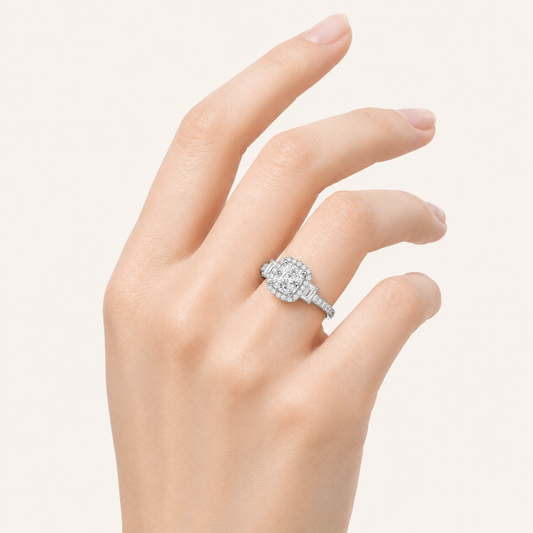 3CT Elongated Cushion Cut Lab Grown Diamond Accented Halo Three Stone Ring