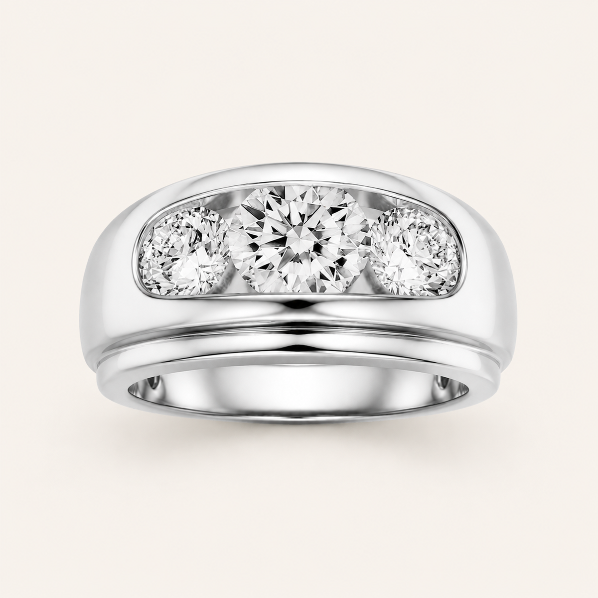 3CT Round Cut Lab Grown Diamond Three Stone Men's Ring