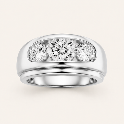3CT Round Cut Lab Grown Diamond Three Stone Men's Ring