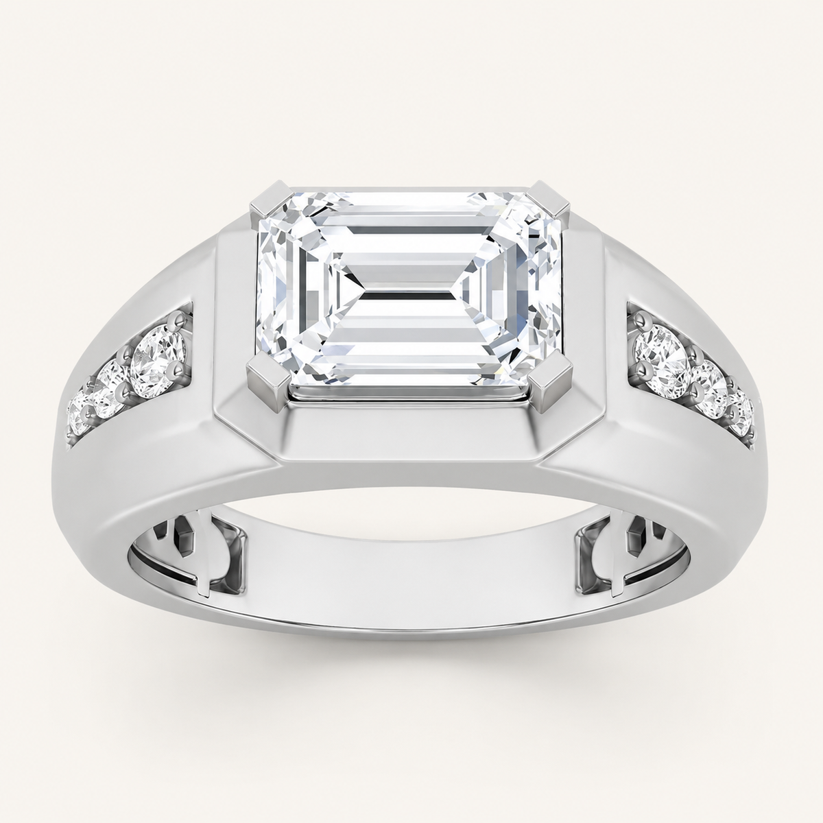 3.25 CT Emerald Cut Lab Grown Diamond Side Stone Men's Ring
