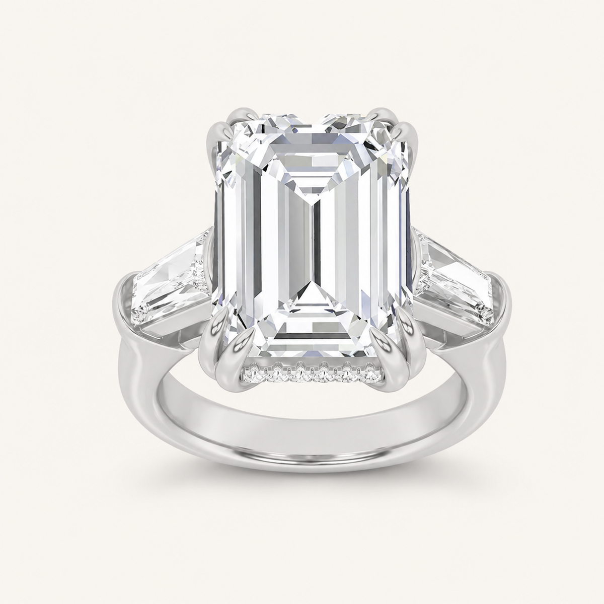 9.00 CT Emerald Cut Lab Grown Diamond Three Stone Bold Statement Accented Ring