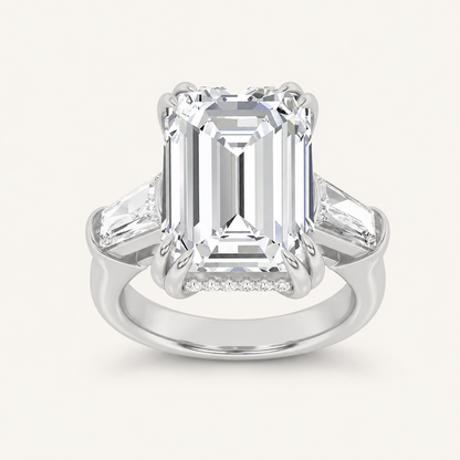 9.00 CT Emerald Cut Lab Grown Diamond Three Stone Bold Statement Accented Ring