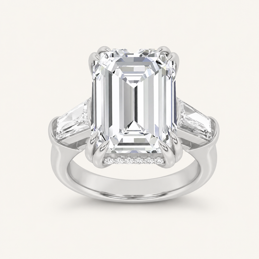 9.00 CT Emerald Cut Lab Grown Diamond Three Stone Bold Statement Accented Ring