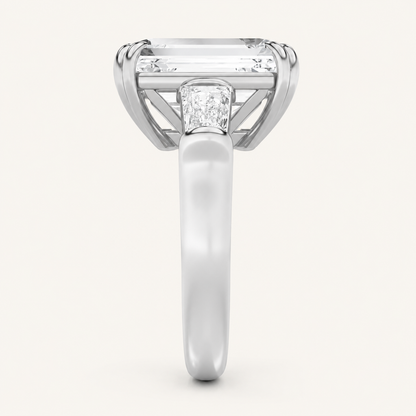 9.00 CT Emerald Cut Lab Grown Diamond Three Stone Bold Statement Accented Ring