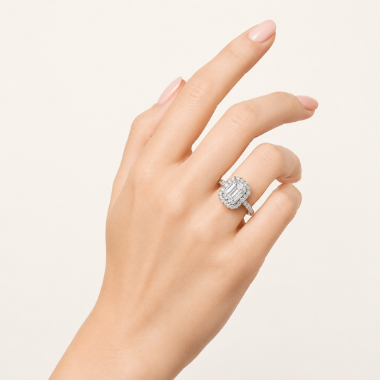 7.25 CT Emerald Cut Lab Grown Diamond Bold Statement Accented Halo Side Stone Ring