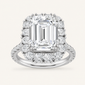 7.25 CT Emerald Cut Lab Grown Diamond Bold Statement Accented Halo Side Stone Ring
