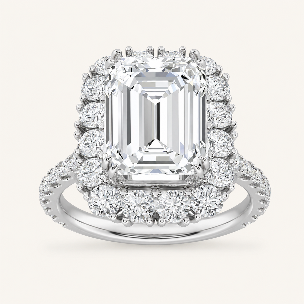 7.25 CT Emerald Cut Lab Grown Diamond Bold Statement Accented Halo Side Stone Ring