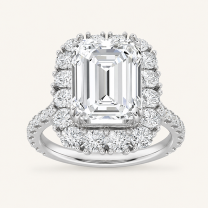 7.25 CT Emerald Cut Lab Grown Diamond Bold Statement Accented Halo Side Stone Ring