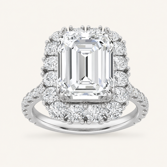 7.25 CT Emerald Cut Lab Grown Diamond Bold Statement Accented Halo Side Stone Ring