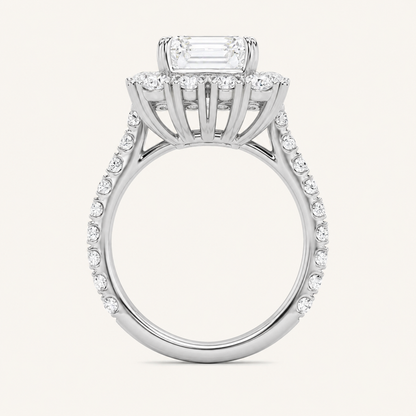 7.25 CT Emerald Cut Lab Grown Diamond Bold Statement Accented Halo Side Stone Ring