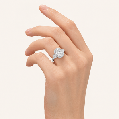 7.5 CT Oval Cut Lab Grown Diamond Three Stone Halo Bold Statement Accented Ring