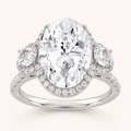 7.5 CT Oval Cut Lab Grown Diamond Three Stone Halo Bold Statement Accented Ring