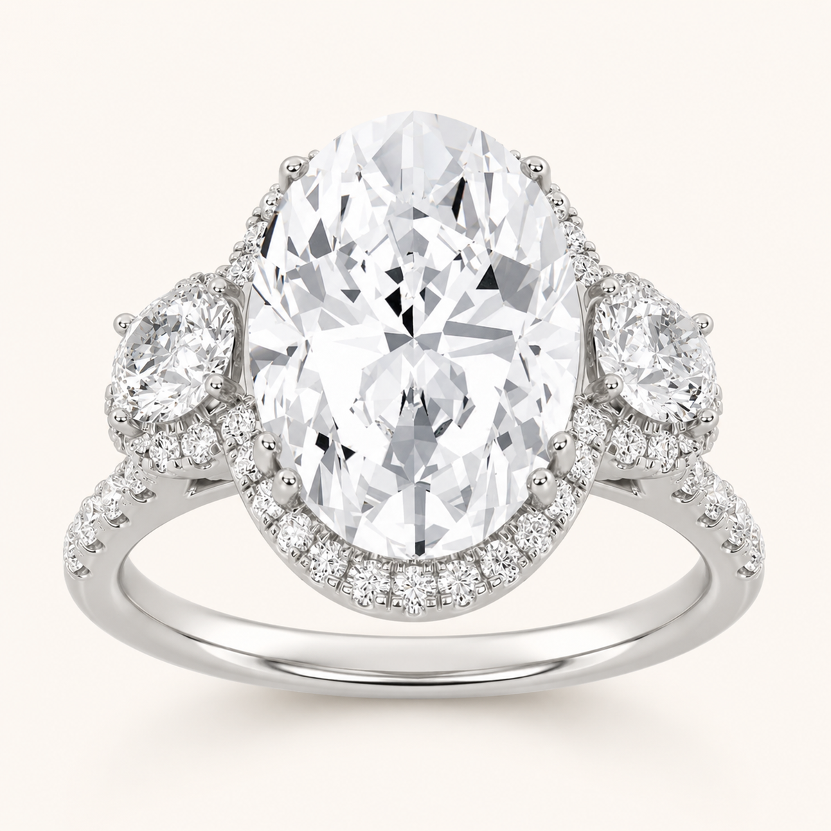 7.5 CT Oval Cut Lab Grown Diamond Three Stone Halo Bold Statement Accented Ring