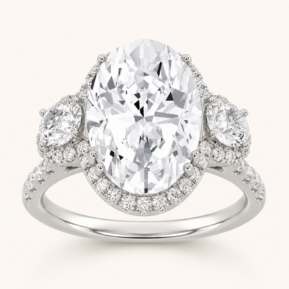 7.5 CT Oval Cut Lab Grown Diamond Three Stone Halo Bold Statement Accented Ring