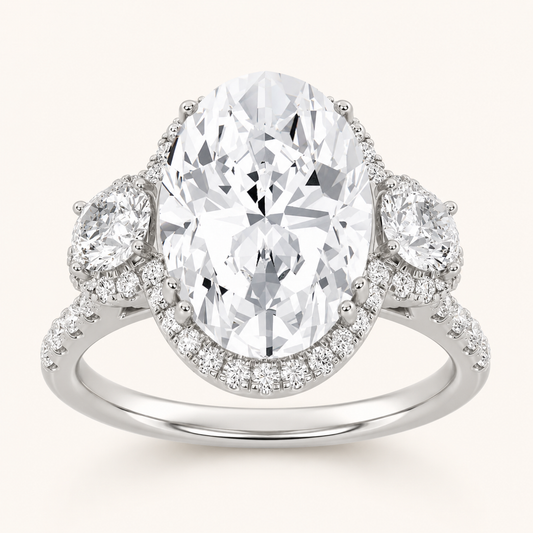 7.5 CT Oval Cut Lab Grown Diamond Three Stone Halo Bold Statement Accented Ring