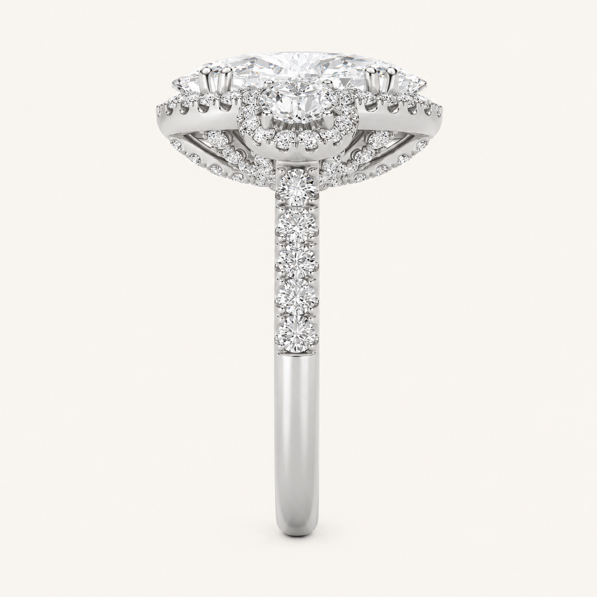 7.5 CT Oval Cut Lab Grown Diamond Three Stone Halo Bold Statement Accented Ring