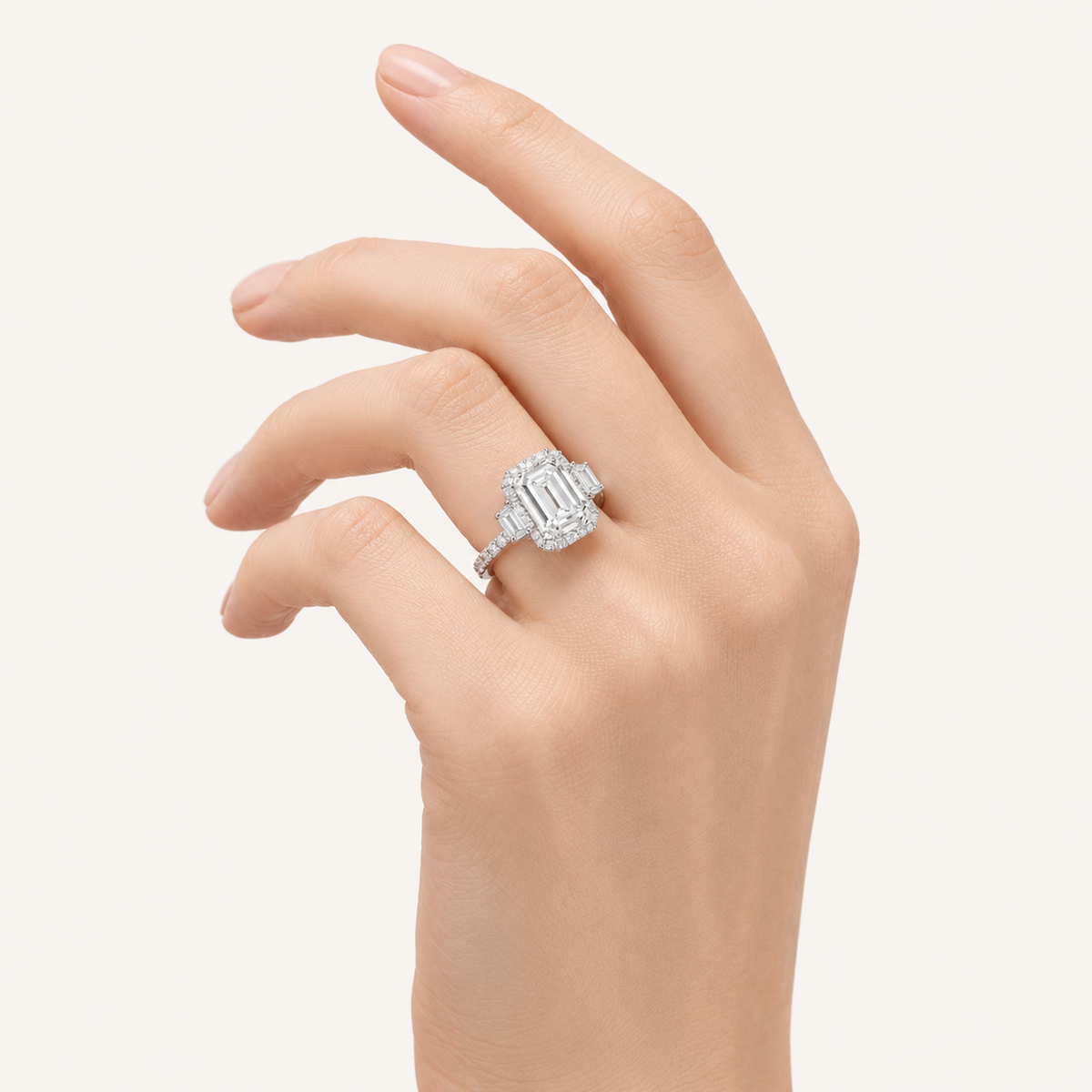 7.00 Ct Emerald Cut Lab Grown Diamond Thee Stone Halo Ring