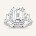 7.00 Ct Emerald Cut Lab Grown Diamond Thee Stone Halo Ring