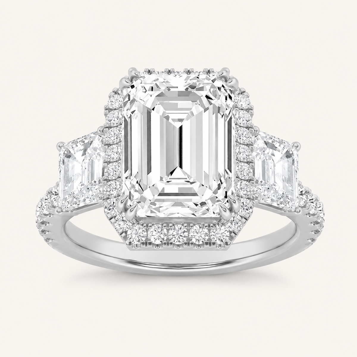 7.00 Ct Emerald Cut Lab Grown Diamond Thee Stone Halo Ring