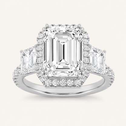 7.00 Ct Emerald Cut Lab Grown Diamond Thee Stone Halo Ring