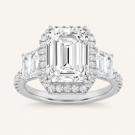 7.00 Ct Emerald Cut Lab Grown Diamond Thee Stone Halo Ring